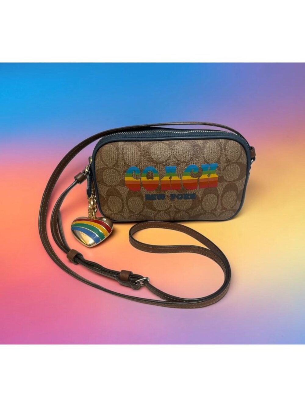 Coach Crossbody Pouch F73066 Rainbow LOGO Signature Canvas Heart Bag Charm PRIDE - Picture 2 of 12